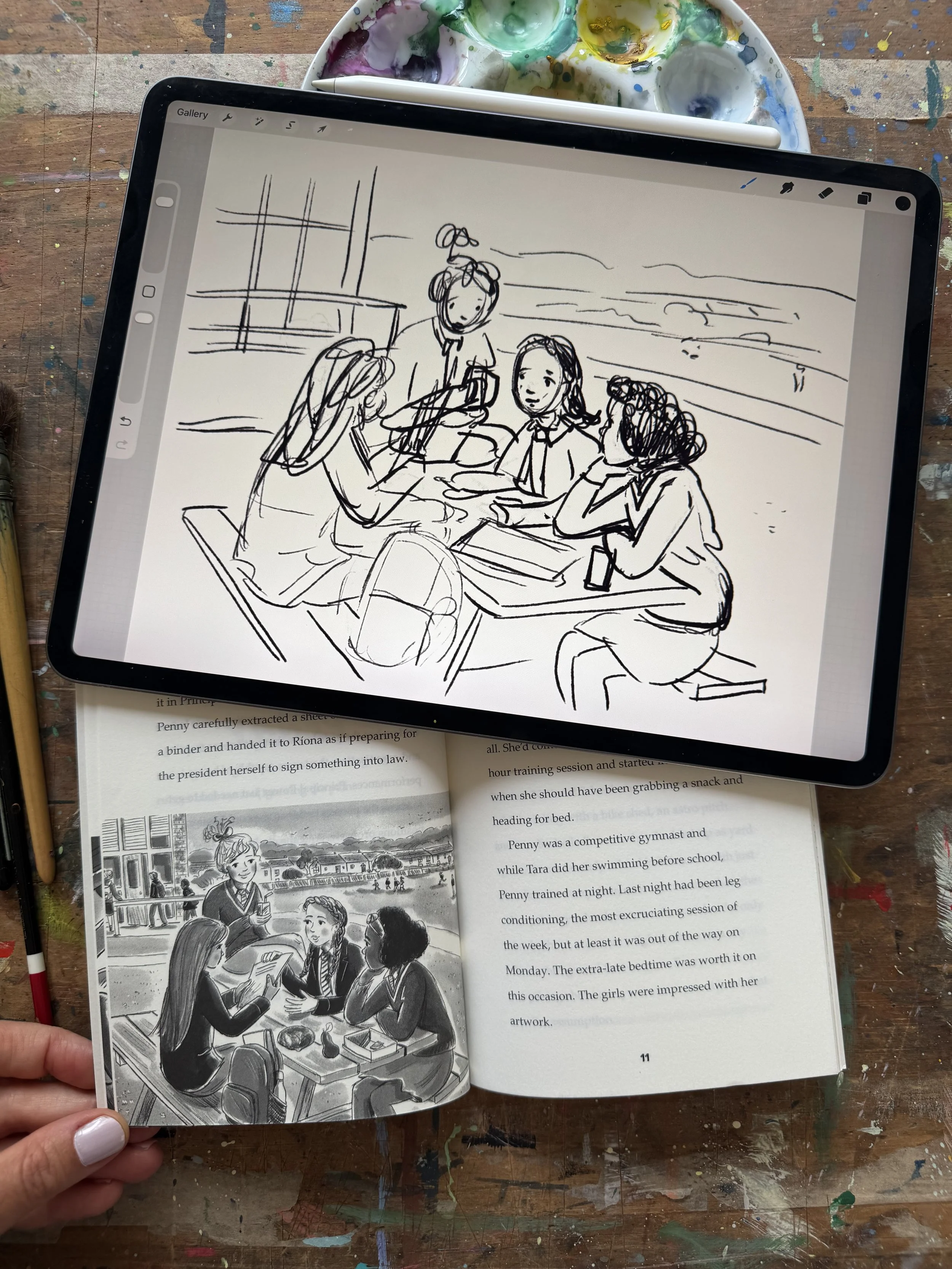 black and white illustration of school girls at picnic bench
