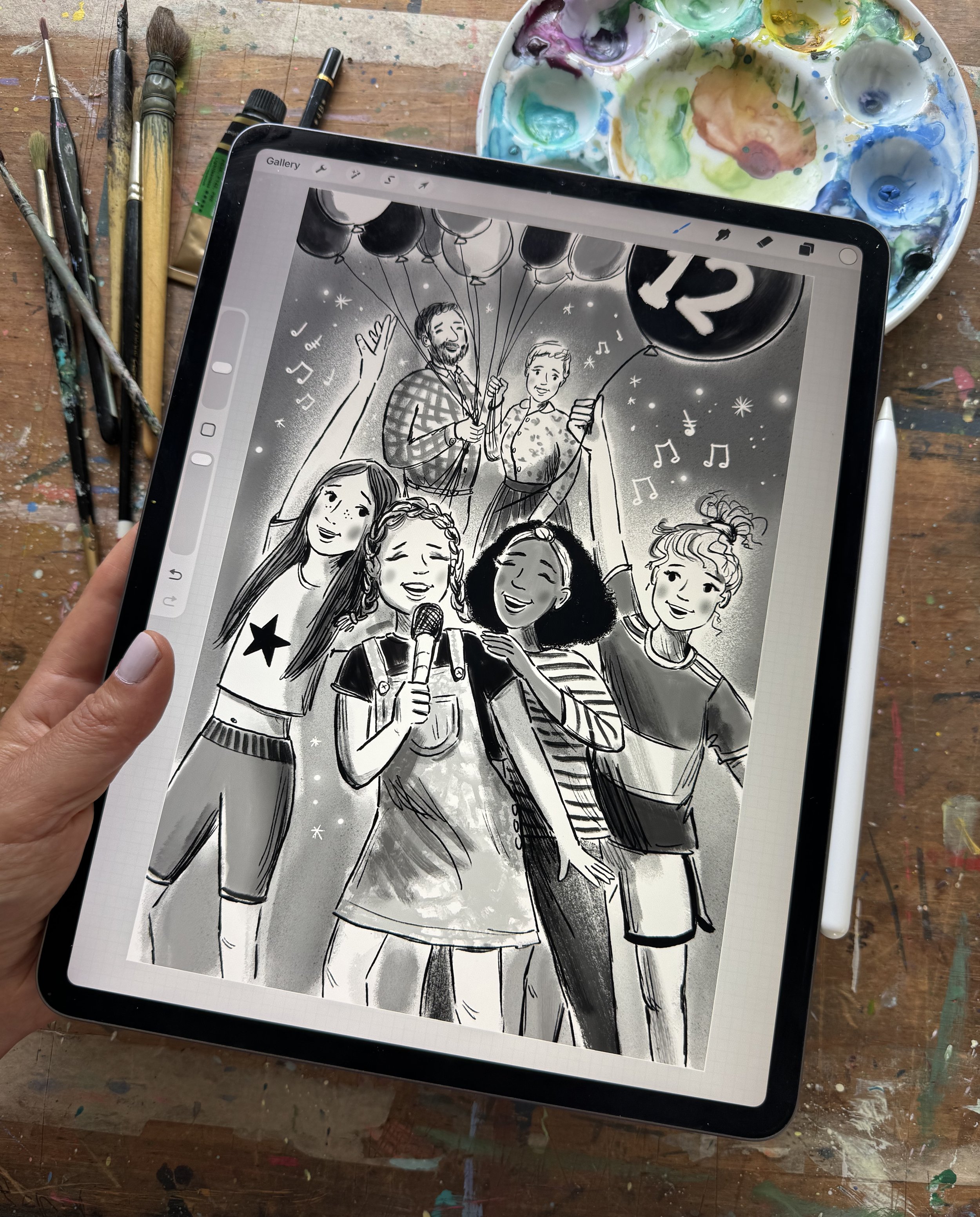 black and white illustration of school girls singing karaoke 