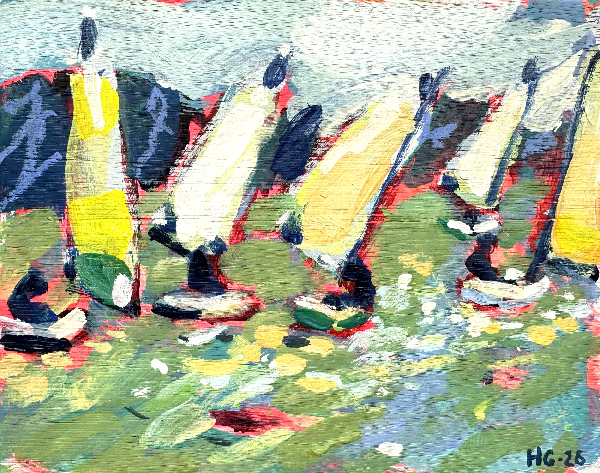 An abstract painting with bold, colorful strokes of paint in yellow, red, blue, green, black, and white, creating a dynamic and textured visual effect.