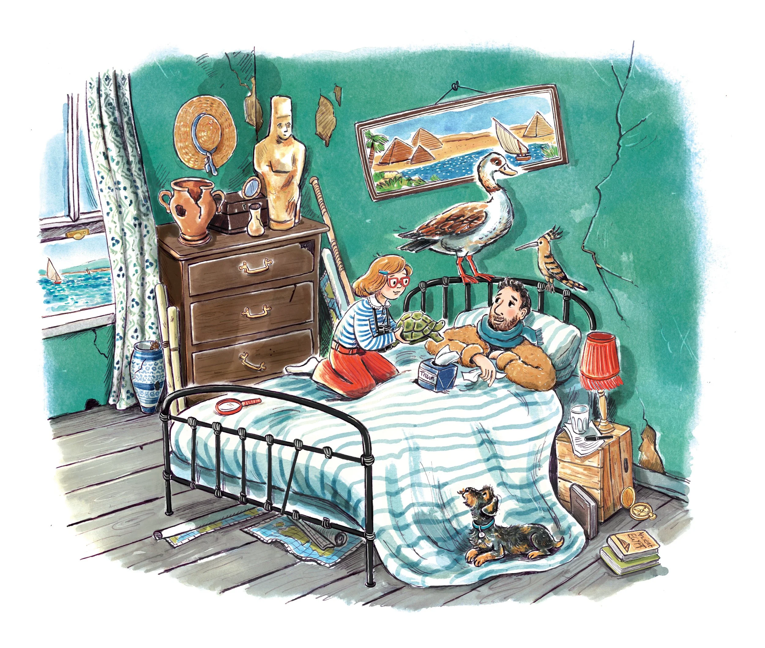 traditional watercolour and ink picture book illustration of a bedroom with animals in it