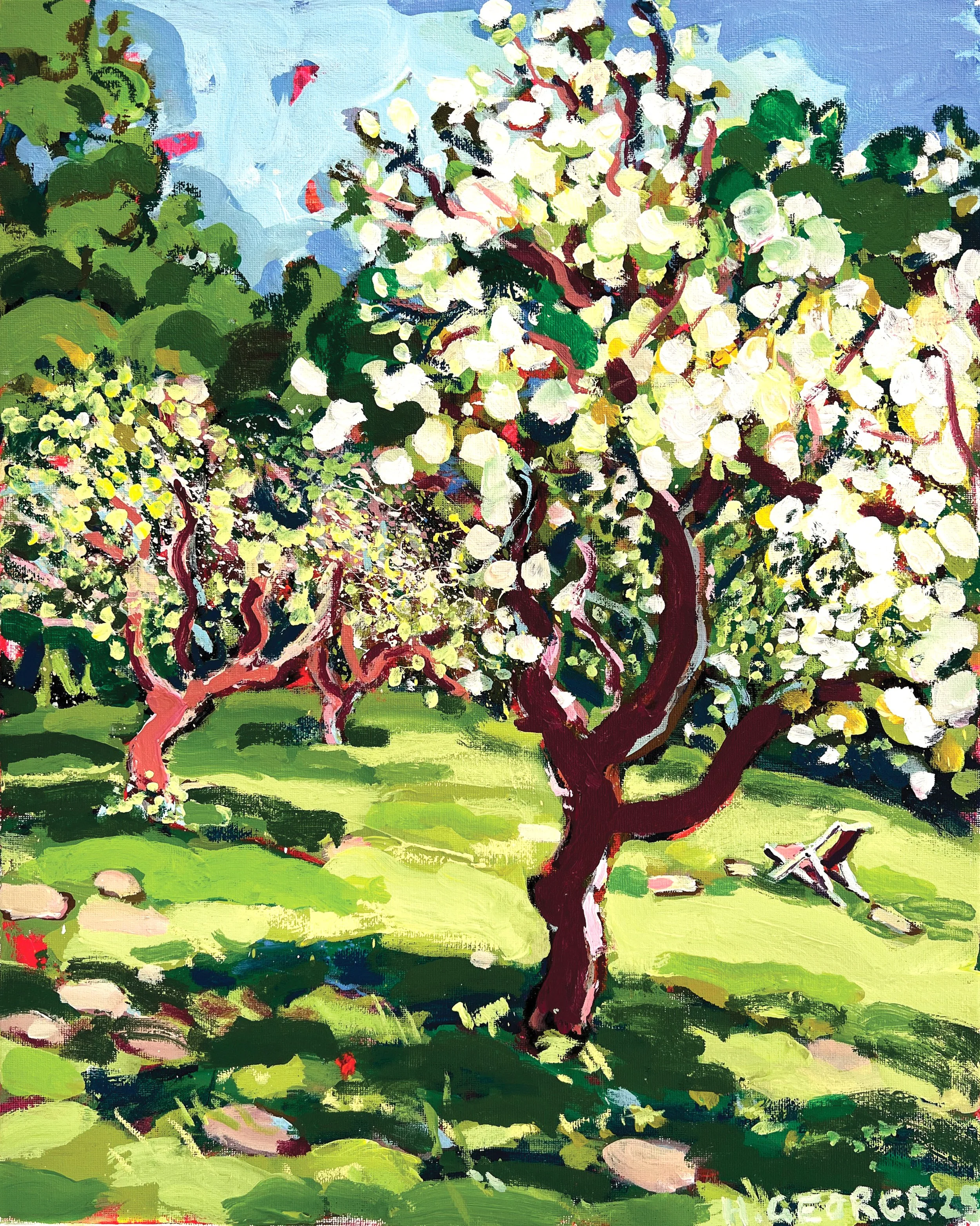 An impressionist-style painting of a vineyard with a large, twisting tree in the foreground. The vine branches are prominent, bearing clusters of white grapes. The landscape features green grass and a blue sky with some clouds.