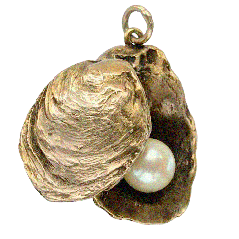 A pendant designed like an oyster shell with a pearl inside, metal loop at the top for attaching to a necklace, against a dark background.