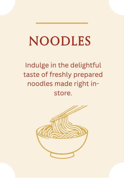 So Noodle asian noodle restaurant sign with the word "NOODLES" at the top, followed by the text "Indulge in the delightful taste of freshly prepared noodles made right in-store," and an illustration of a bowl of noodles with chopsticks.