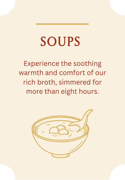 So Noodle asian noodle restaurant sign promoting soups, describing the warm, comforting broth simmered for over eight hours, with a line drawing of a bowl of soup with a spoon.