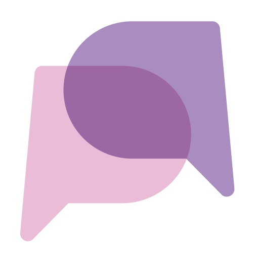 Deux bulles de discours de couleur violet et rose superposées, sur un fond blanc représentant le logo Plupay.