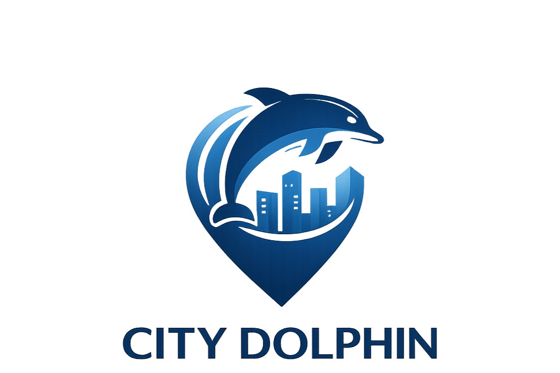 A stylized blue logo featuring a dolphin encircling a city skyline, with the words "City Dolphin" underneath.