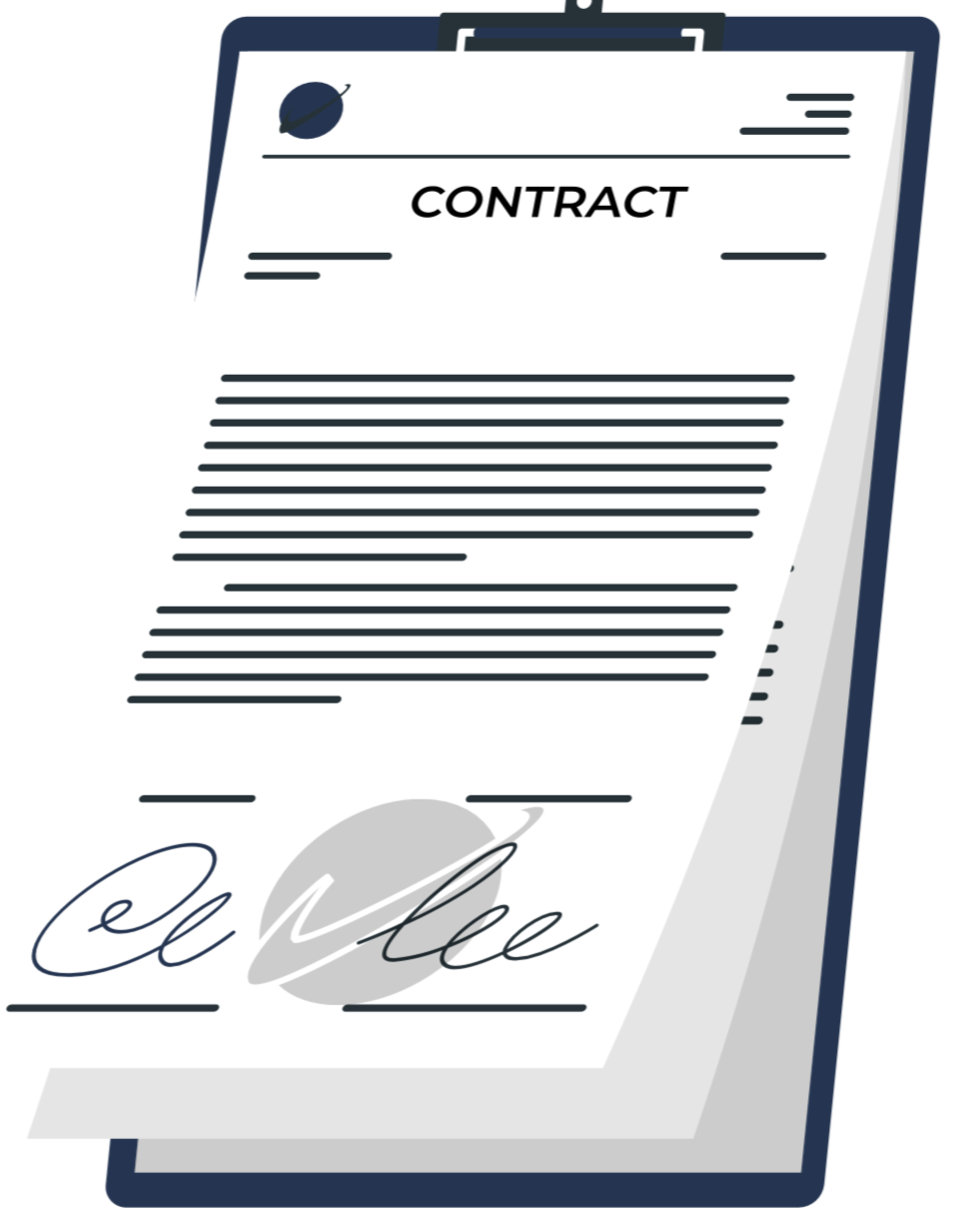 Illustration of a contract document with text and an official signature at the bottom, clipped to a clipboard.