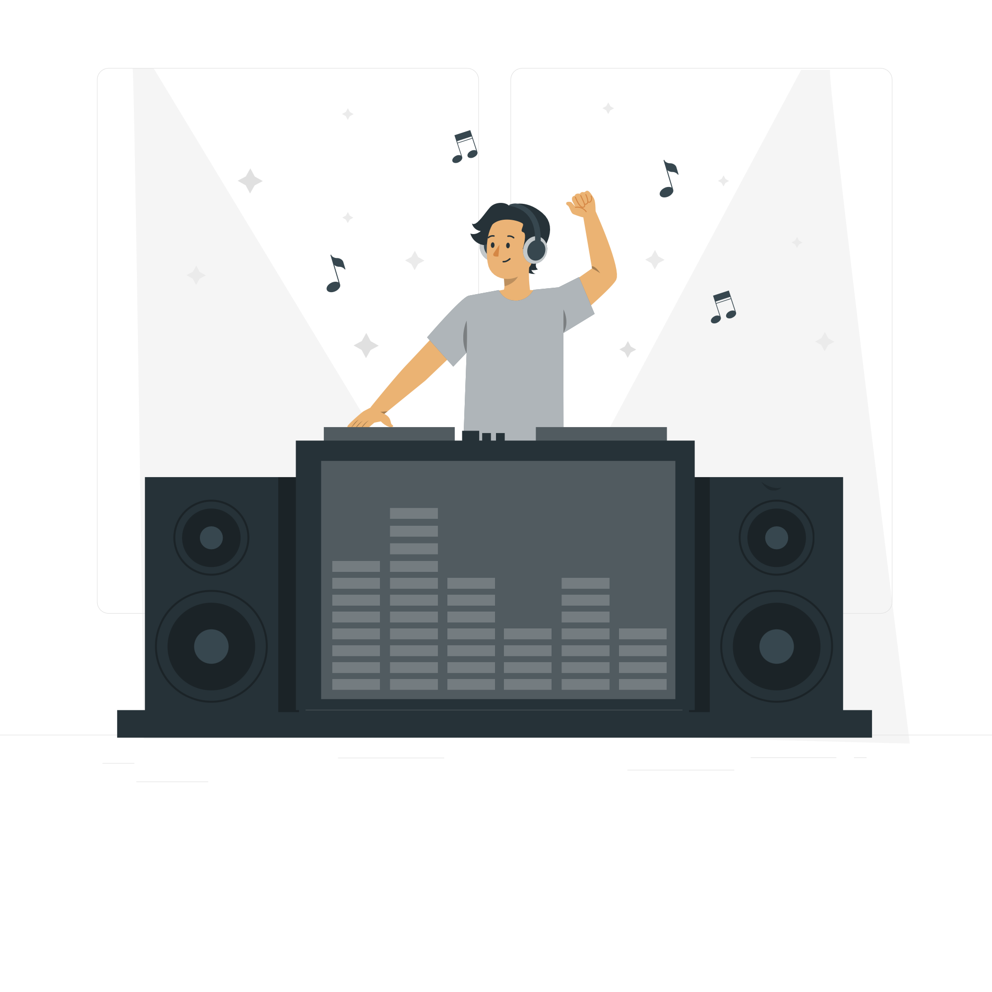 Illustration of a young male DJ with headphones, raising his fist, standing behind a DJ booth with audio equipment and large speakers, performing on stage with spotlights and musical notes in the background.