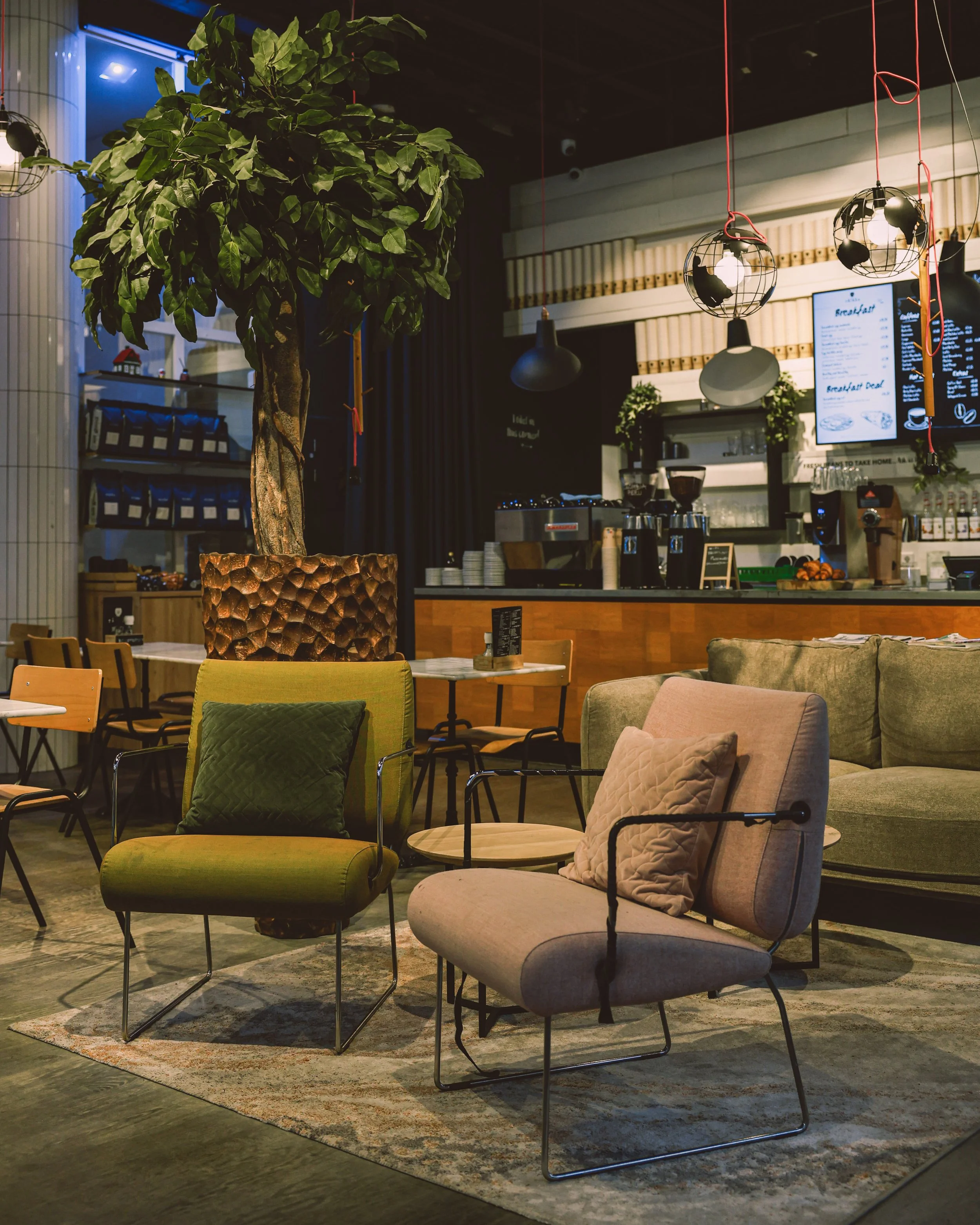 Cozy cafe seating area with modern chairs and pillows, a large potted tree, and a coffee counter in the background with menu displays and lighting fixtures.