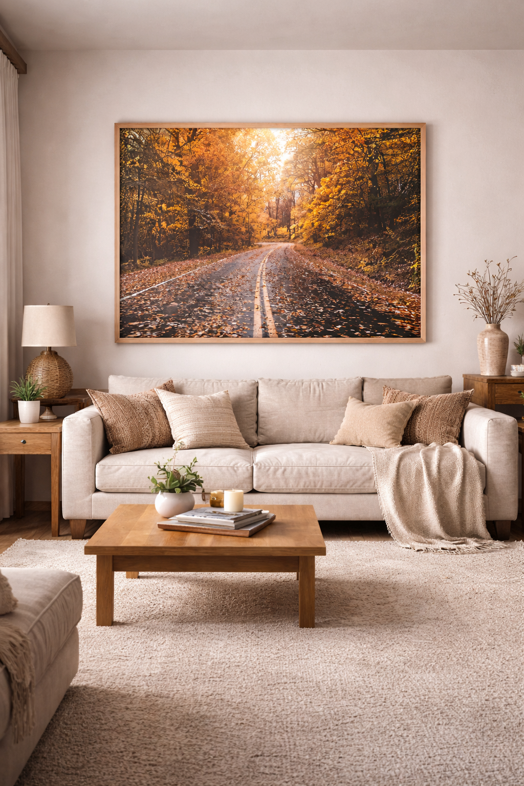 Living room with beige sofa and wooden coffee table, decorative pillows, large framed autumn path landscape artwork on wall, and side table with lamp, plants, and vases.