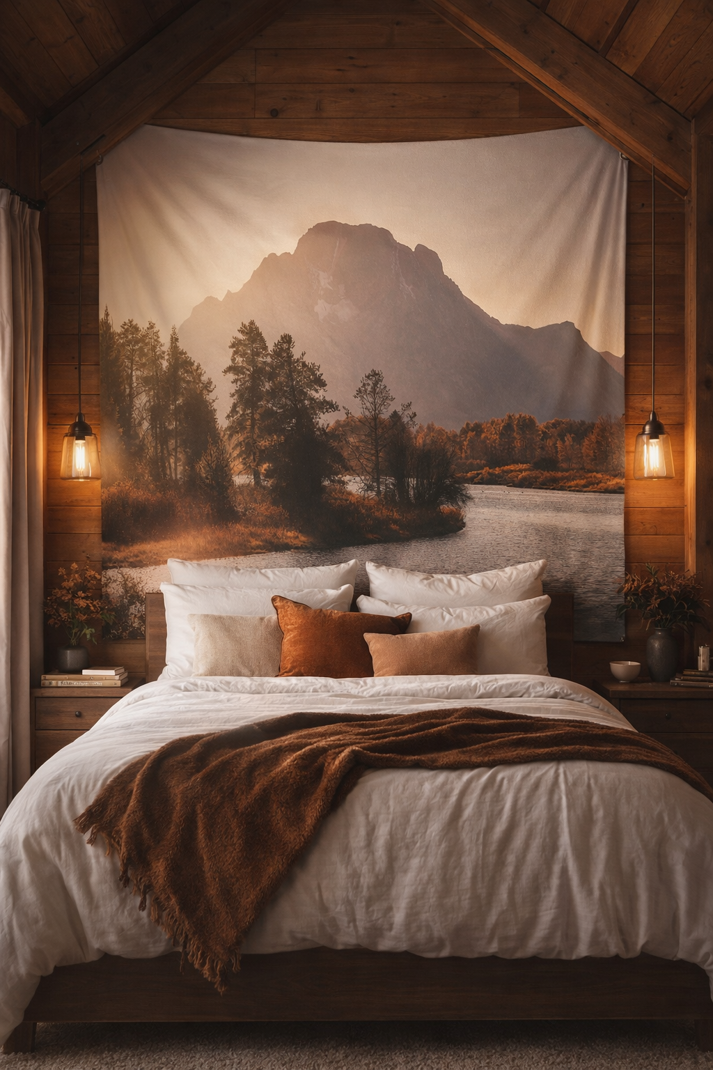 A cozy bedroom with a mountain and river landscape tapestry behind the bed, warm lighting, and wooden walls.