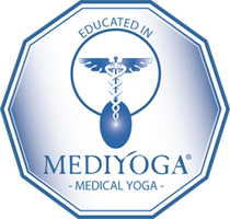 Mediyoga logo with a medical theme, showing a caduceus symbol inside a light blue circle, and the words 'Educated in Mediyoga Medical Yoga' around it.