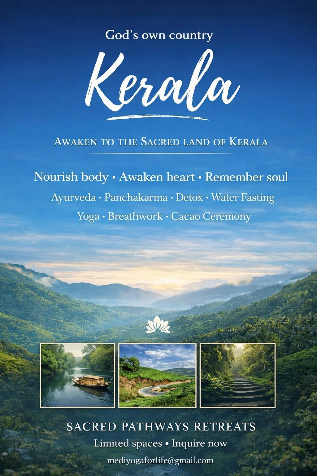 Flyer promoting retreats in Kerala, India, with scenic mountain and river views, listing activities like yoga, Ayurveda, detox, and cacao ceremony.