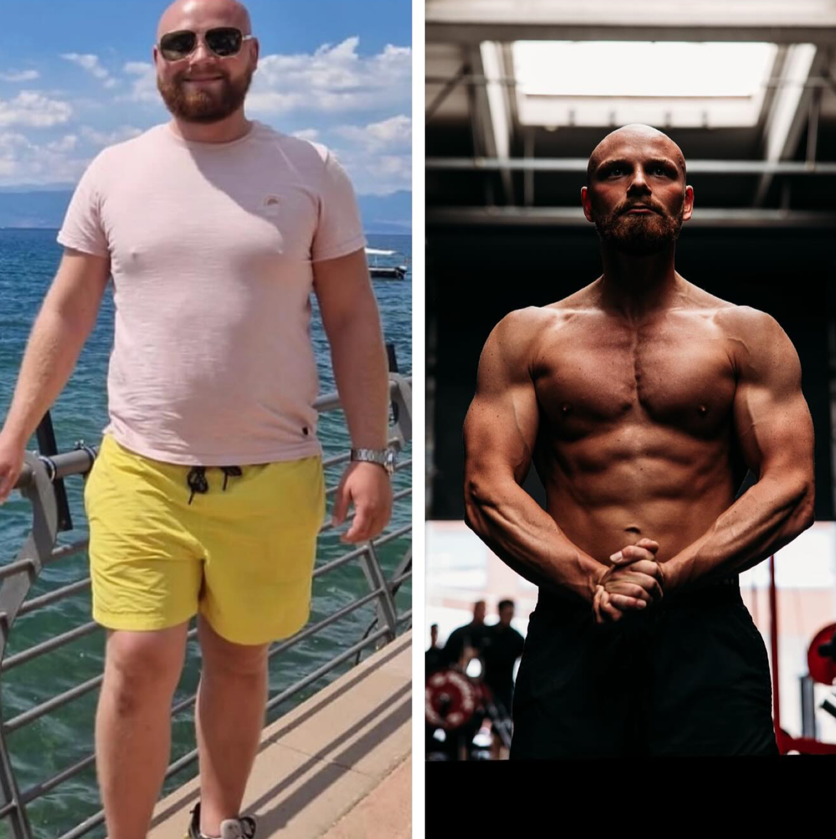 Vergelijking tussen een man in een roze T-shirt en gele shorts aan de waterkant en een lichaambouwer met een gespierd bovenlijf in een sportschool.