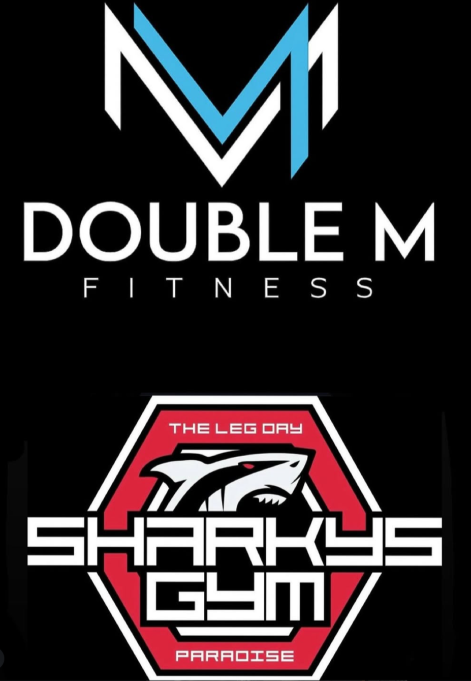 Logo van Double M Fitness boven logo van Sharks Gym met een haai en de tekst 'The Leg Day' en 'Paradise'