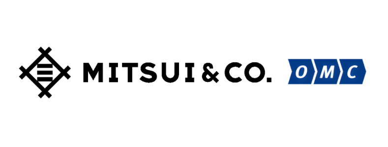 Logo of Mitsui & Co. featuring a black geometric symbol and text, with blue hexagons containing white letters O, M, C.