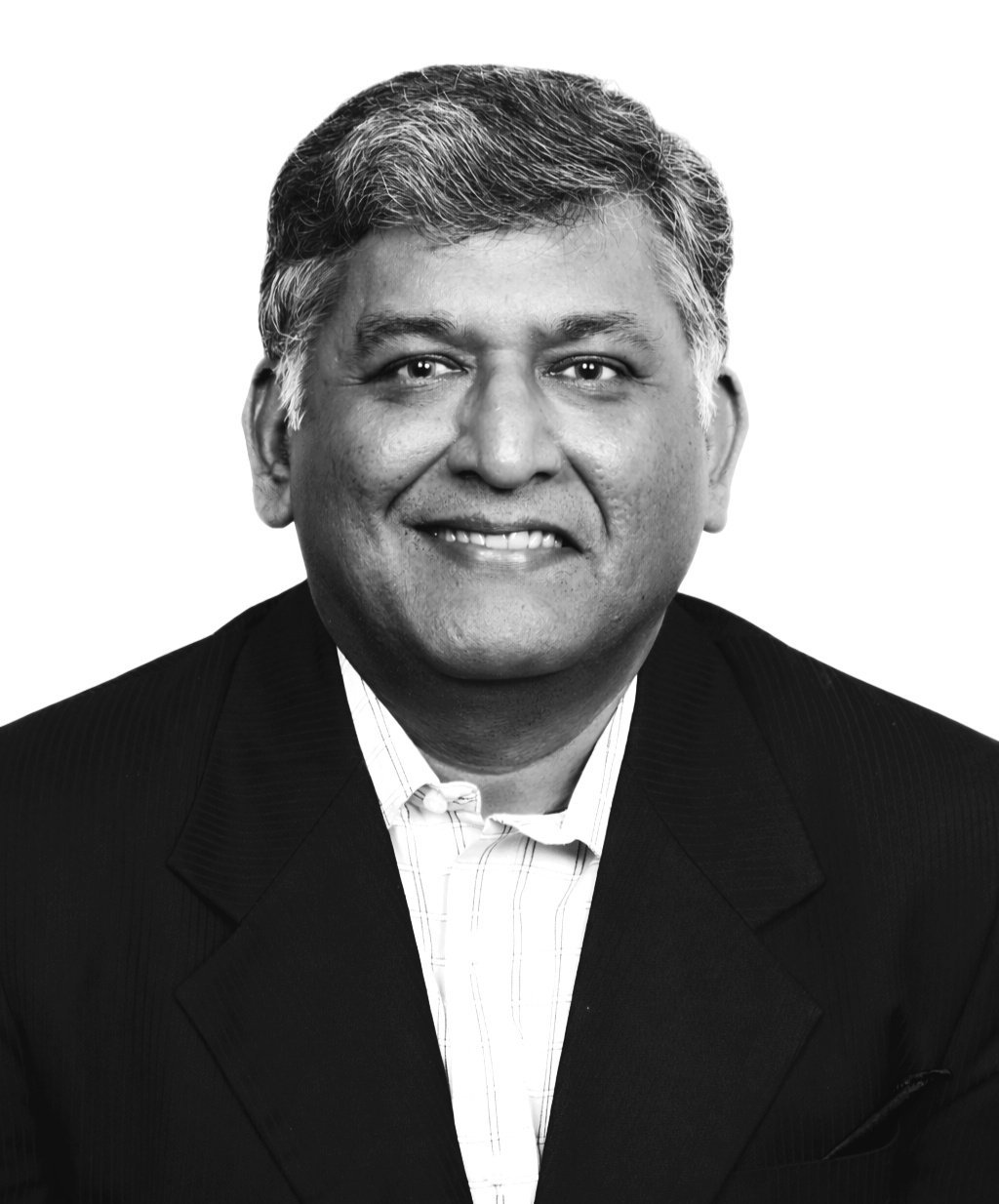 Black and white professional headshot of a smiling man wearing a suit and collared shirt.