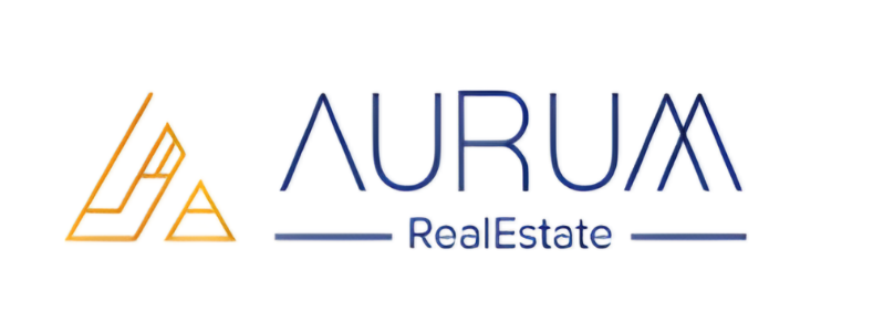 Logo for AURUM RealEstate with a stylized orange geometric icon on the left and the company name in blue text.