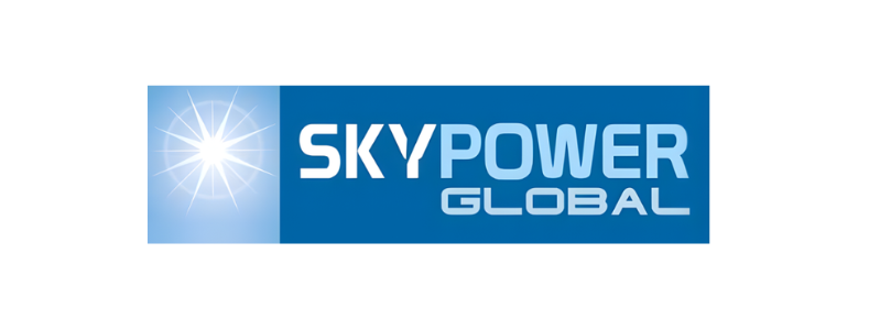 SkyPower Global logo featuring a bright starburst on a blue background with white and light blue text.