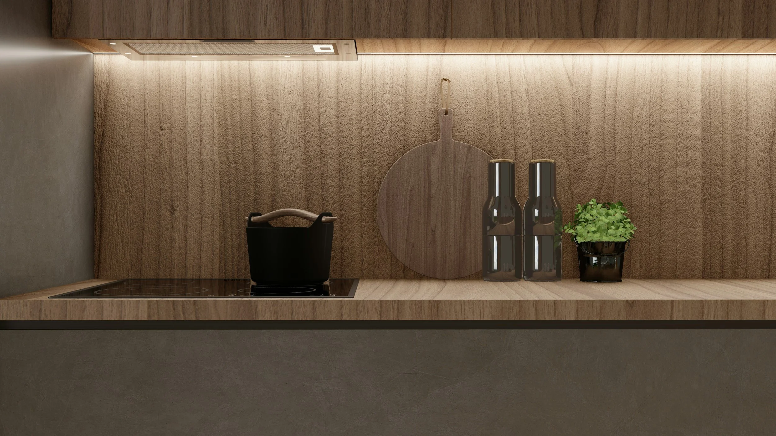 A minimalist kitchen counter with a black pot on a cooktop, a wooden pizza peel, two metallic bottles, and a small plant in a black pot, set against a textured beige and brown background.