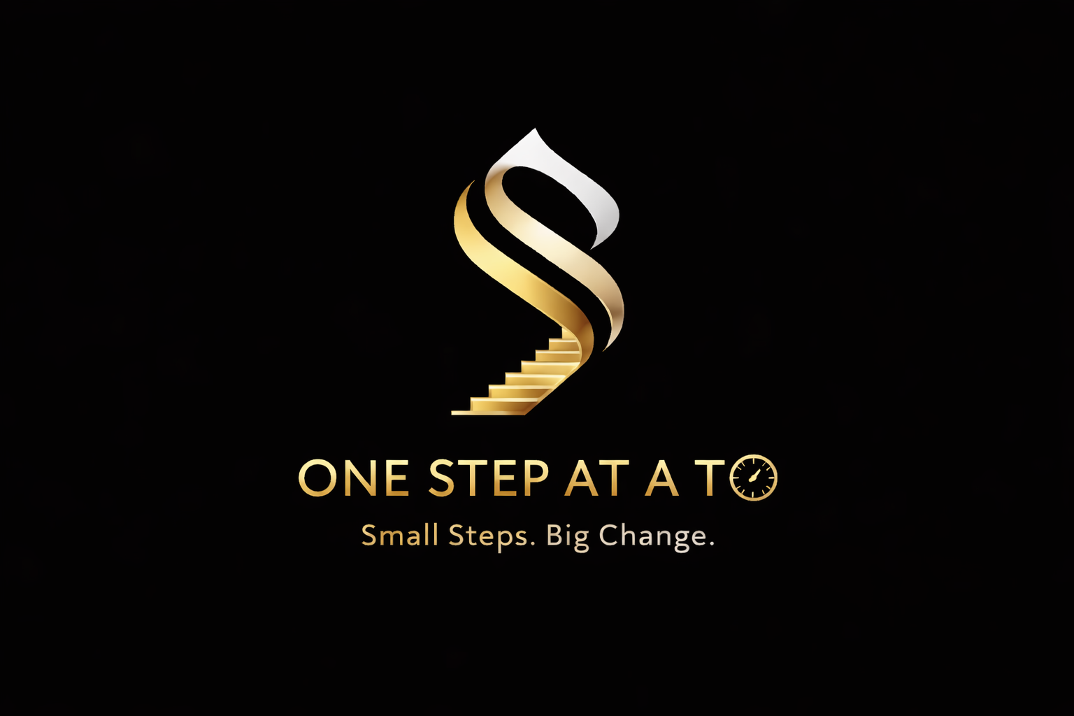 A black background with a gold and white stylized logo resembling a staircase and an abstract person figure. Below, the text reads: 'ONE STEP AT A TIME' with a clock icon replacing the 'A'. Beneath that, it says: 'Small Steps. Big Change.'