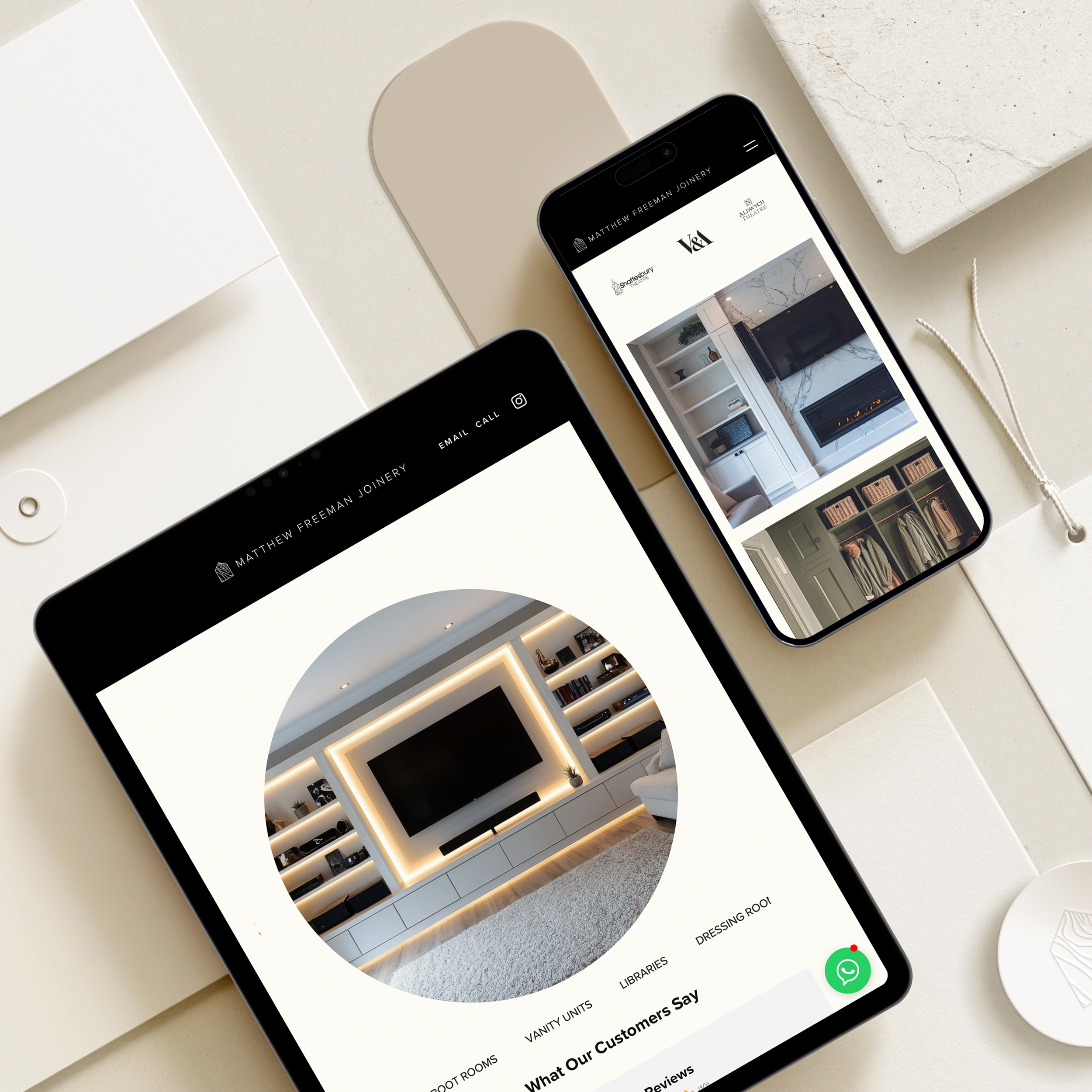 Responsive website design displayed on phone, tablet, and desktop screens, optimised for SEO and user experience.