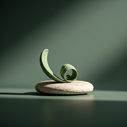 An abstract sculpture with two curved green elements balancing on a flat, rounded stone against a gradient green background.