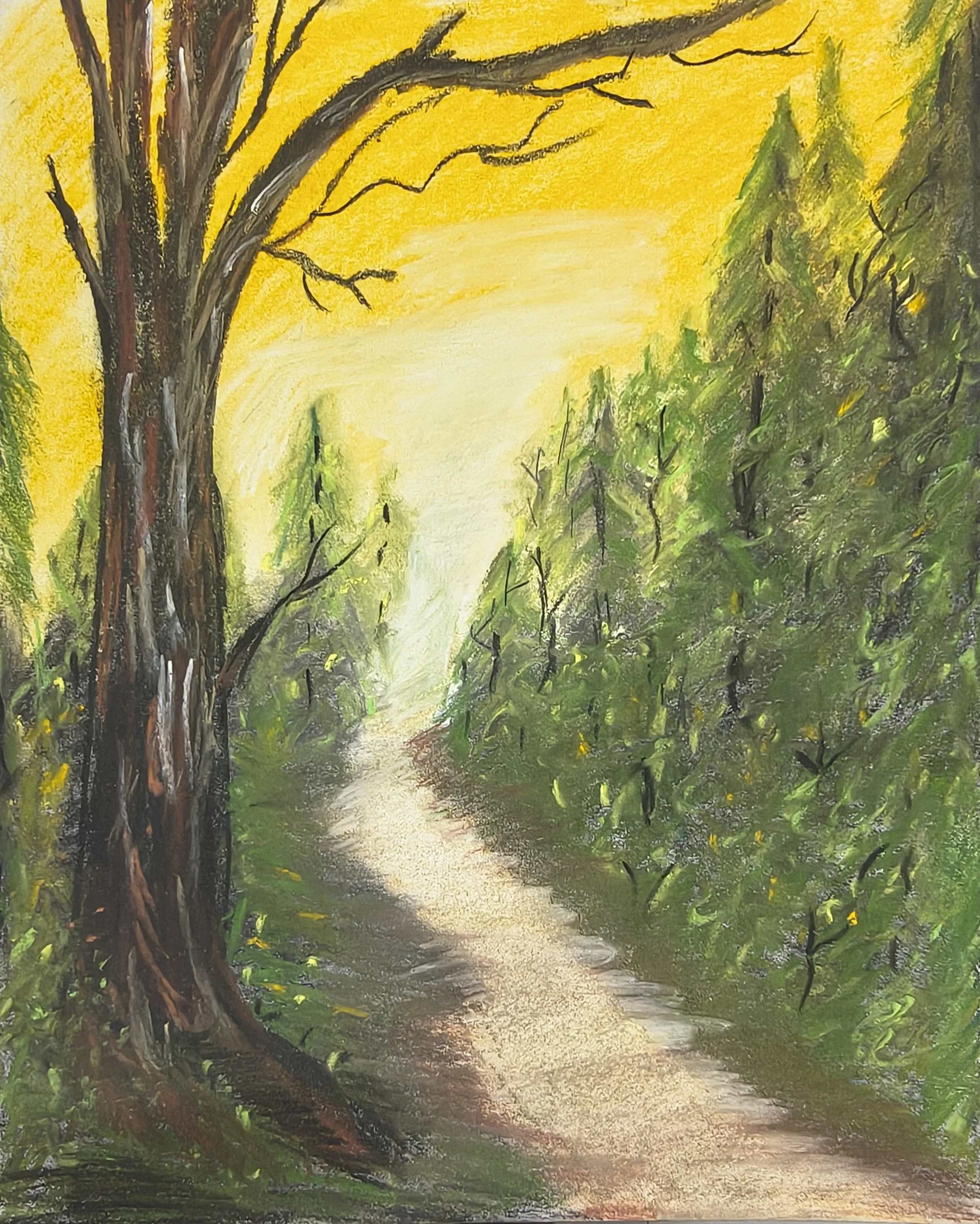 A painting of a forest pathway with tall trees on either side, green foliage, and sunlight filtering through the leaves.