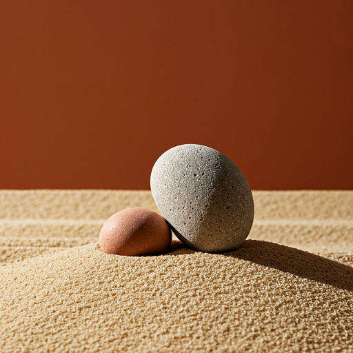 Two smooth stones, one large gray and one small pink, are positioned on a surface of sand with a textured appearance, against a plain brown background.