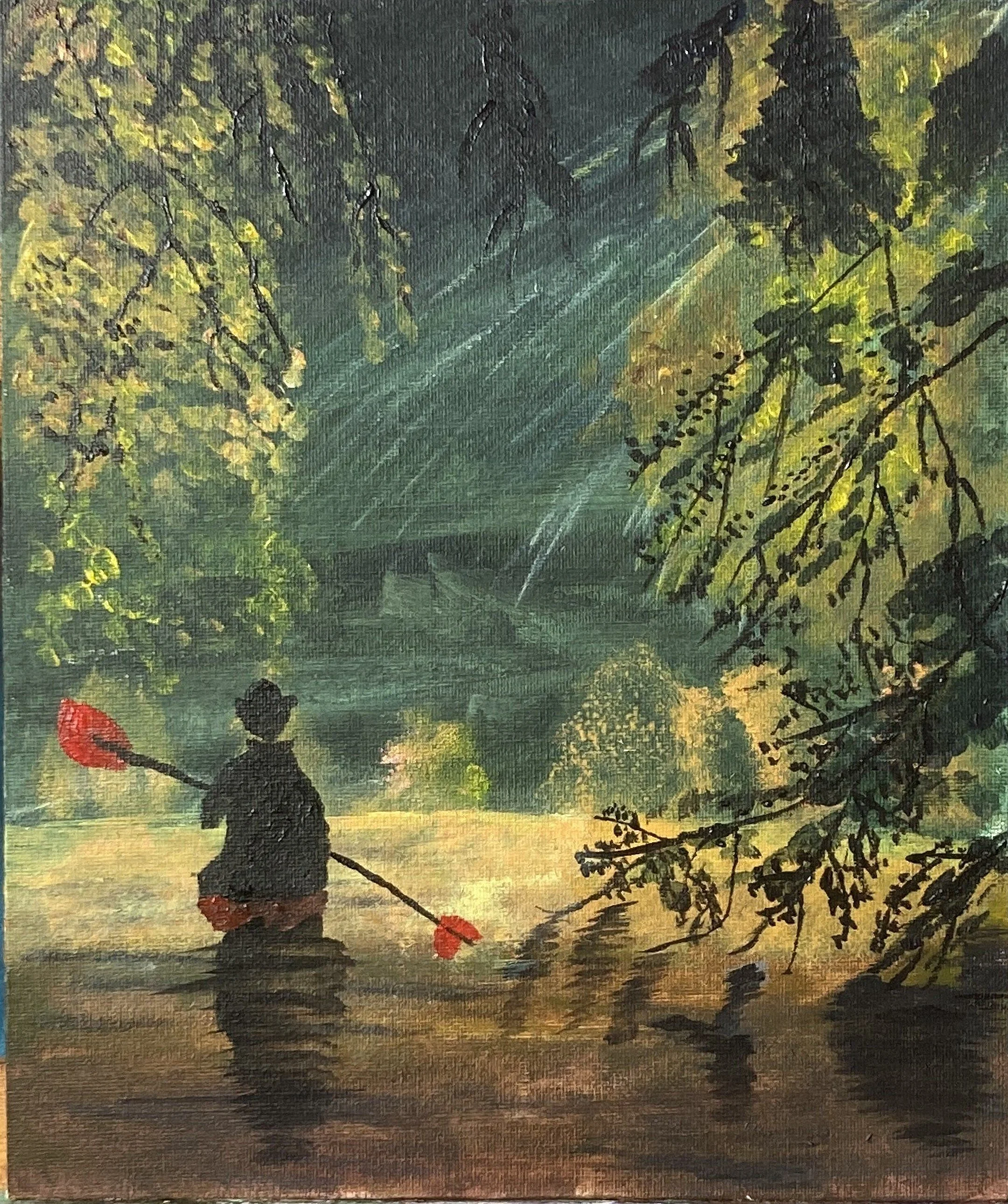 Silhouette of a girl with an umbrella standing on the water at sunset, surrounded by trees and vegetation.