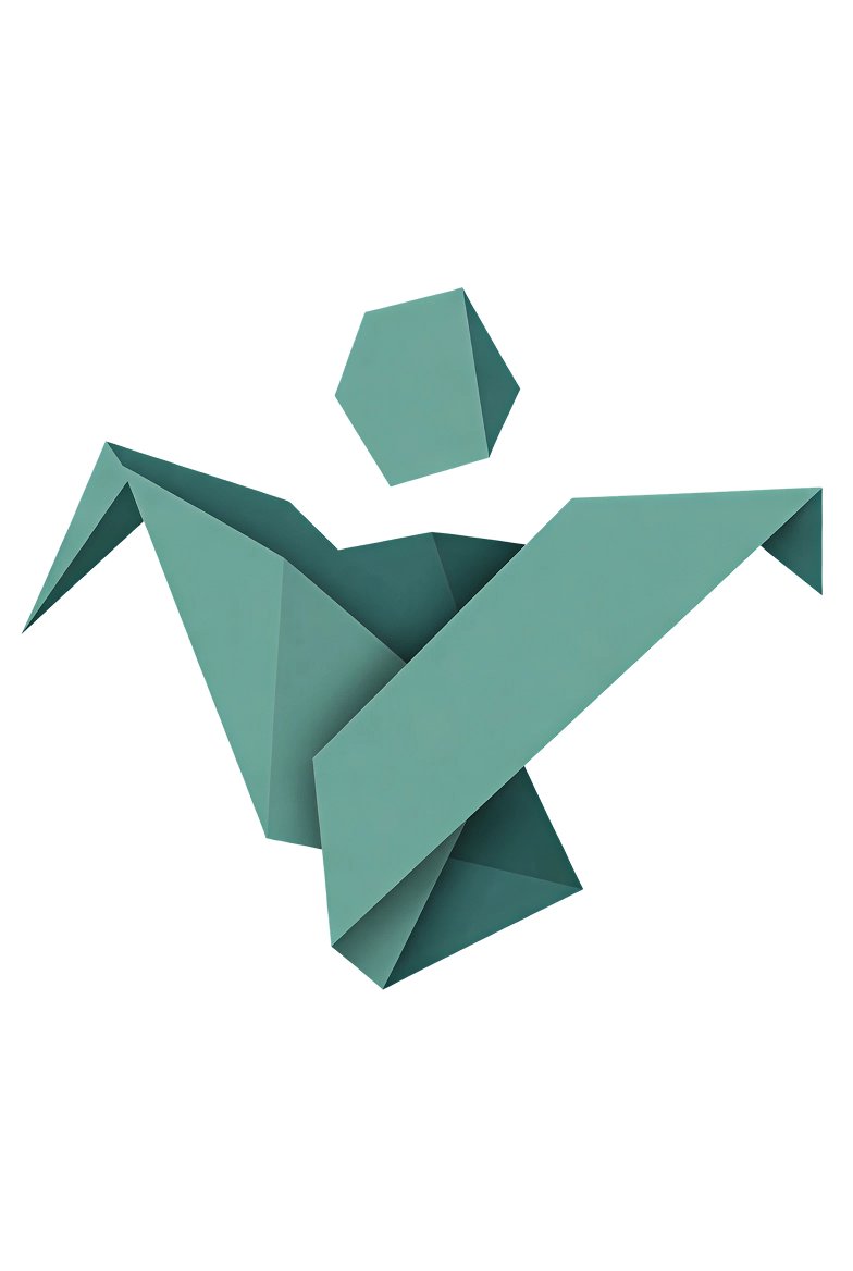 Origami-style paper bird with a cube above its head, made from teal-colored paper.