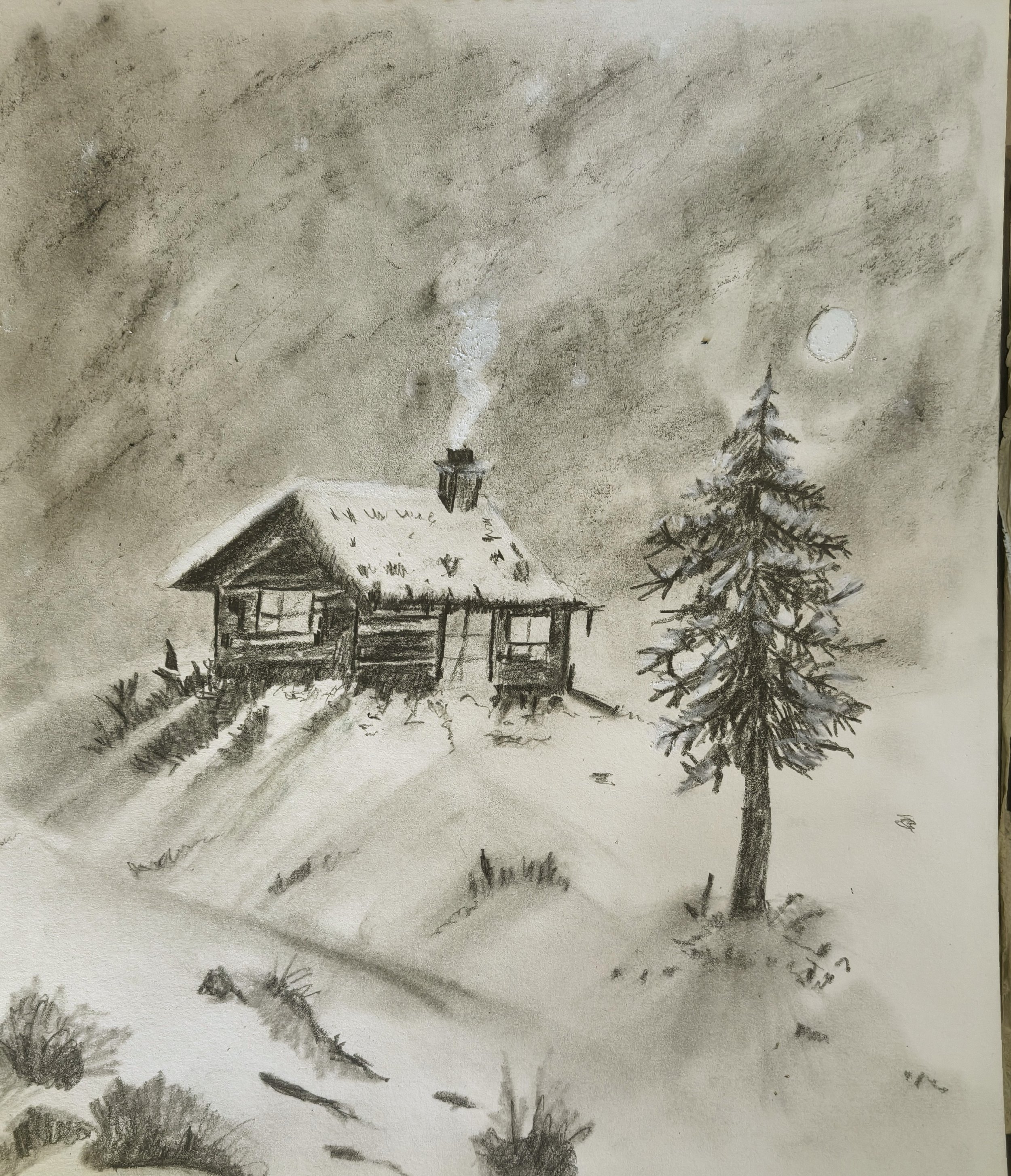 A monochrome sketch of a house with smoke coming out of the chimney, trees around, and a full moon in the sky.