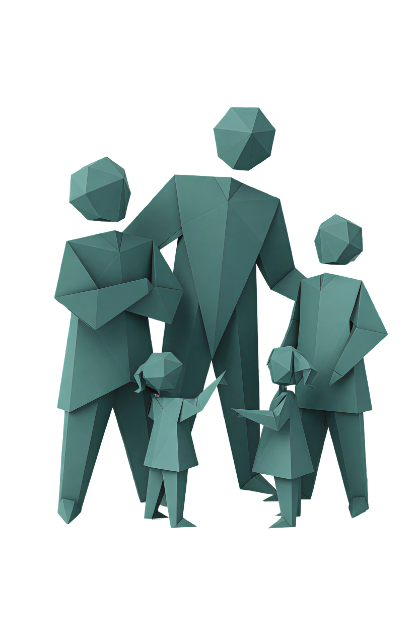 Stylized, geometric sculpture of a family with two adults, two children, and floating geometric shapes representing heads, all in a matching teal color.
