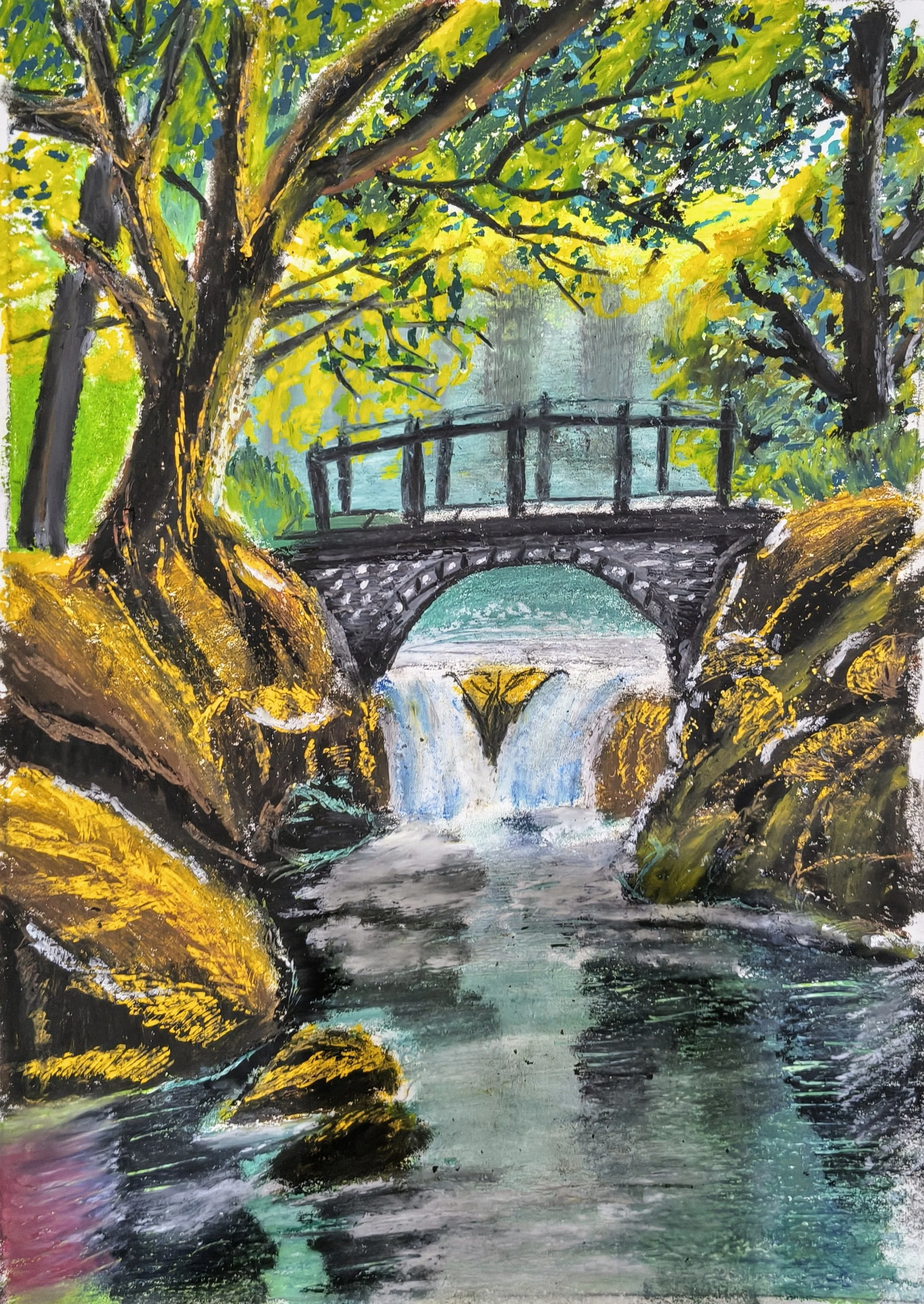 Painting of a scenic landscape featuring a stone arch bridge over a flowing river, surrounded by tall trees with lush green and yellow leaves.