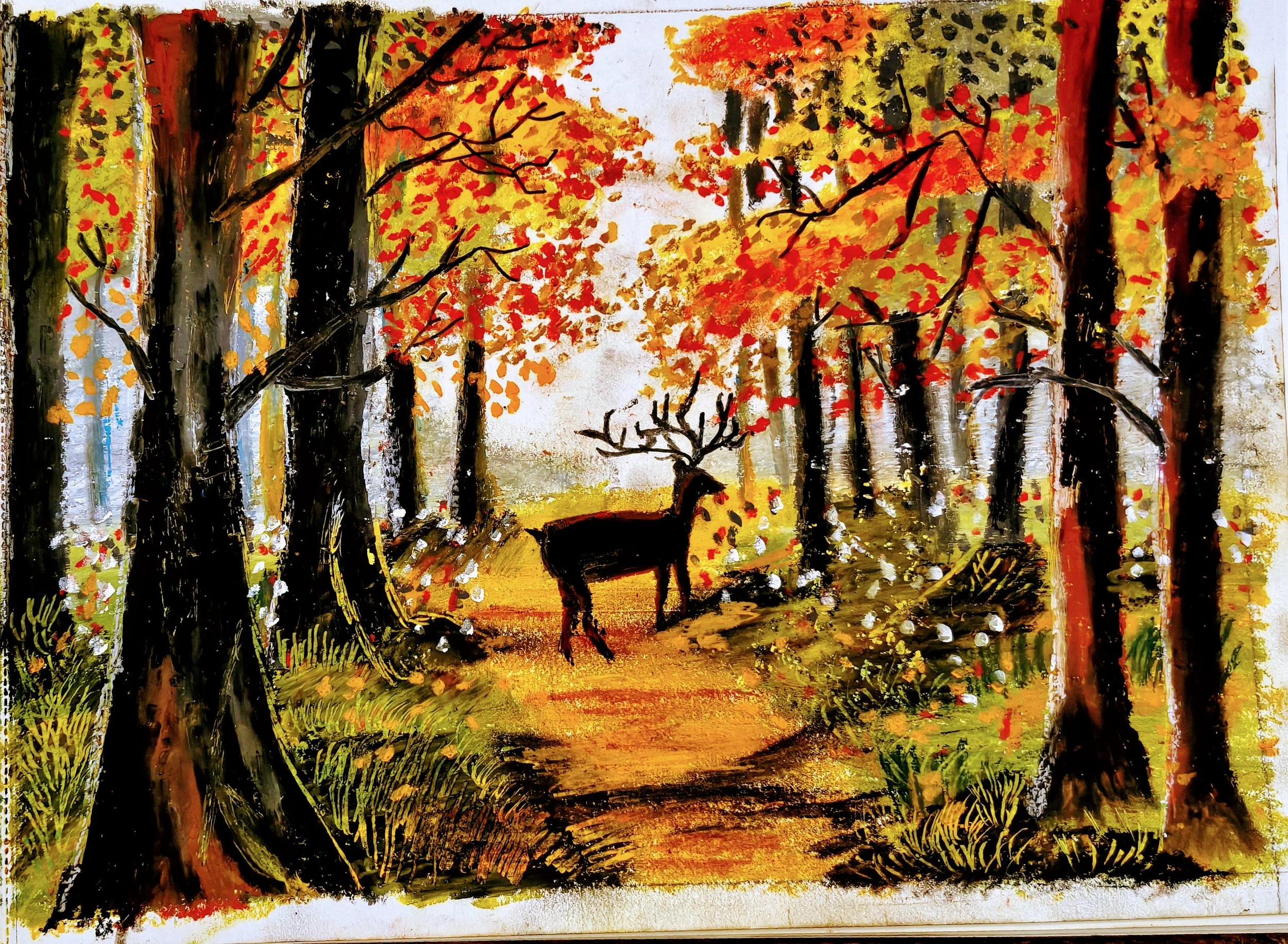 An abstract landscape painting of a forest with tall trees and autumn foliage, featuring vibrant red, yellow, orange, and green leaves, and a deer standing on a path.
