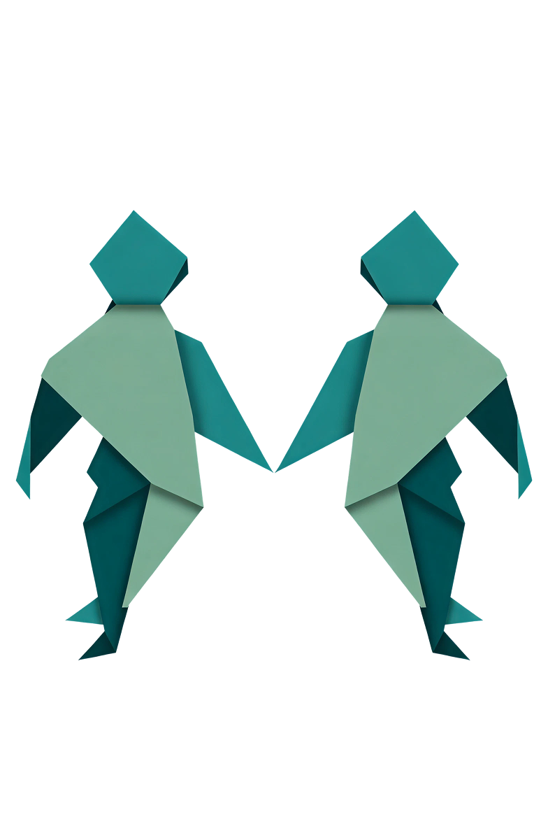 Abstract geometric illustration of two stylized birds facing each other, made of folded paper-like shapes in shades of teal and light green.