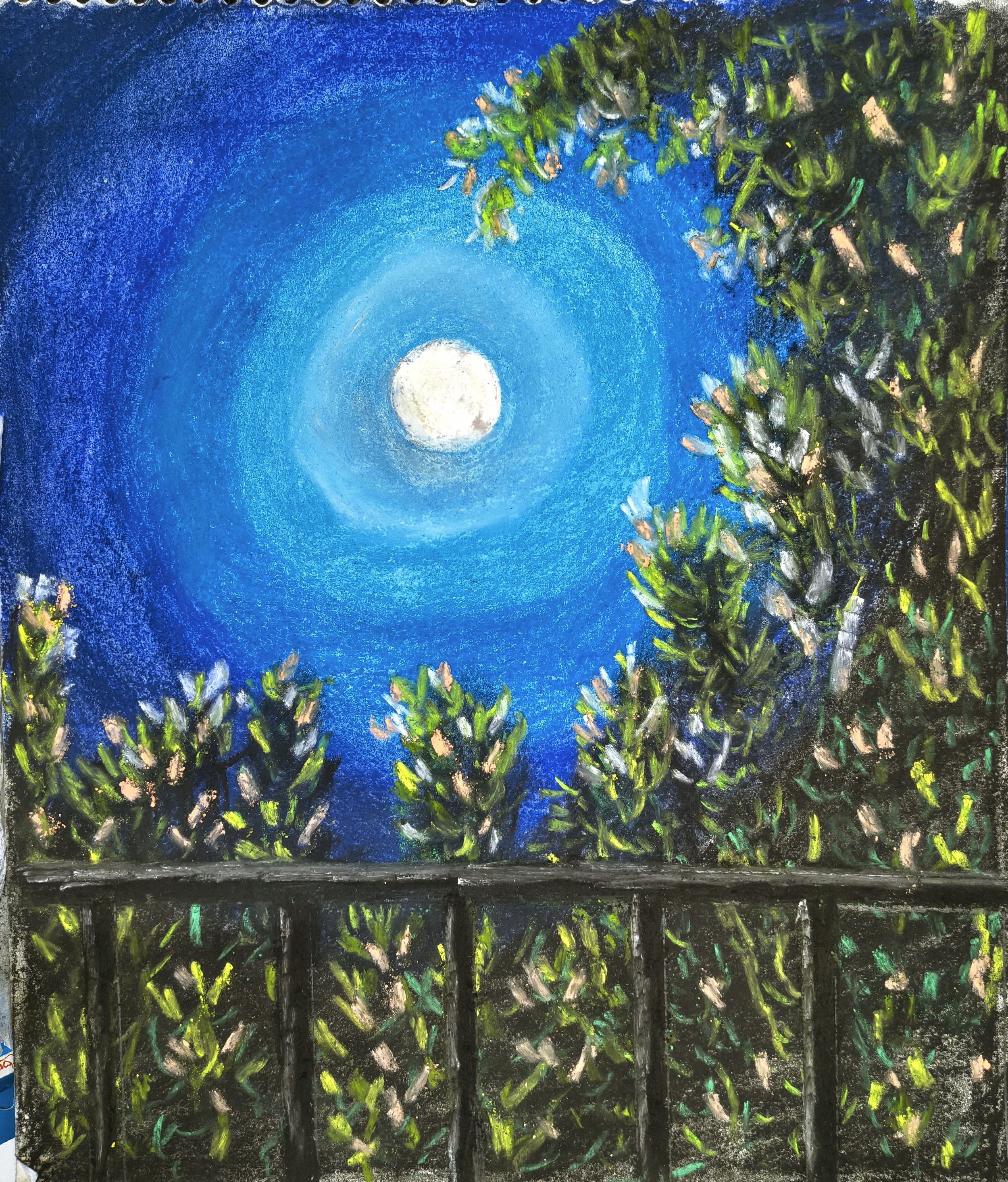 An abstract painting depicting a bright full moon in a deep blue sky, framed by dark green and black foliage with hints of white, yellow, and light green accents.