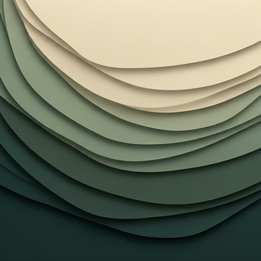 Abstract layered paper art with shades of beige, green, and dark blue.