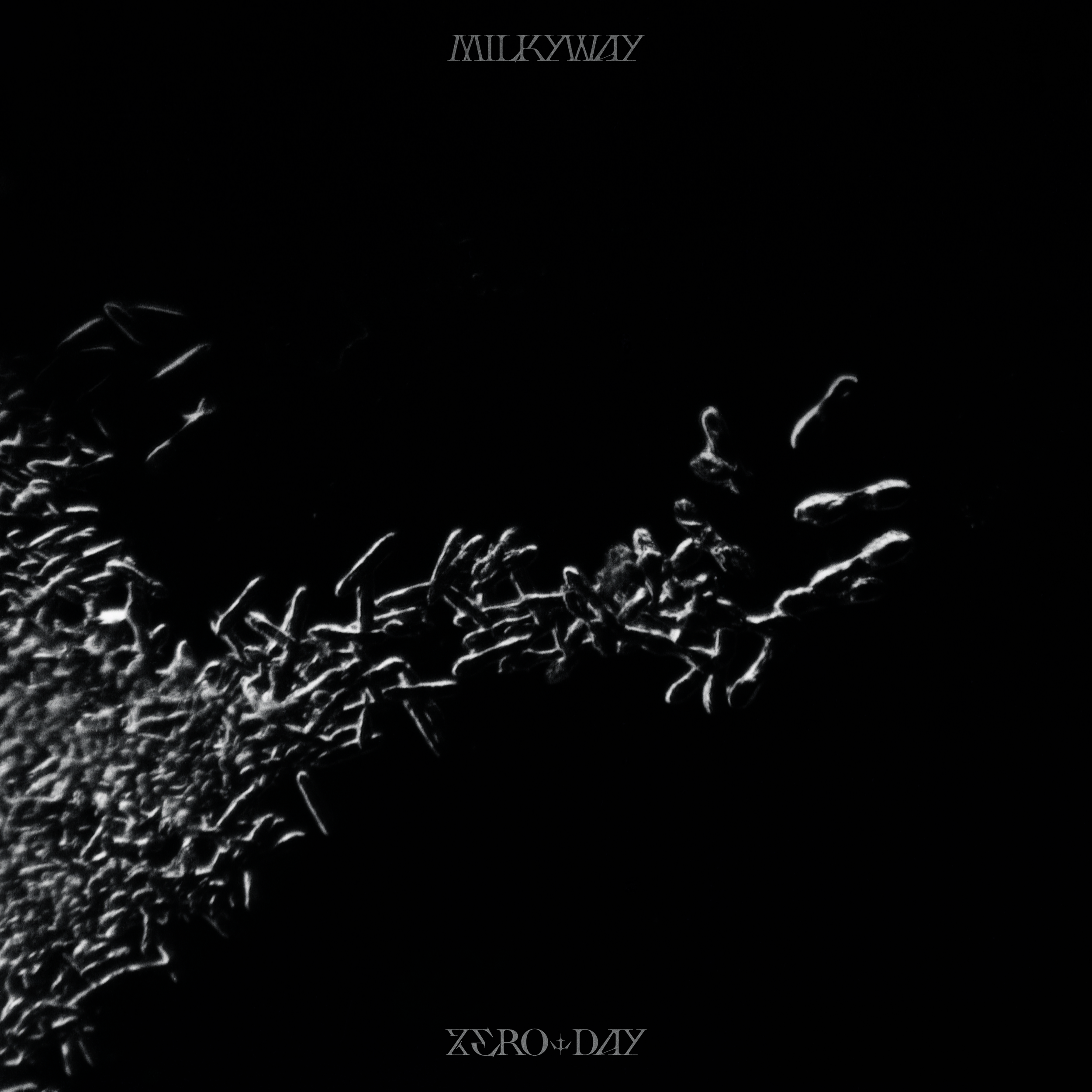 Black background with white abstract lines and the words 'MILKYWAY' at the top and 'ZERO+DAY' at the bottom.