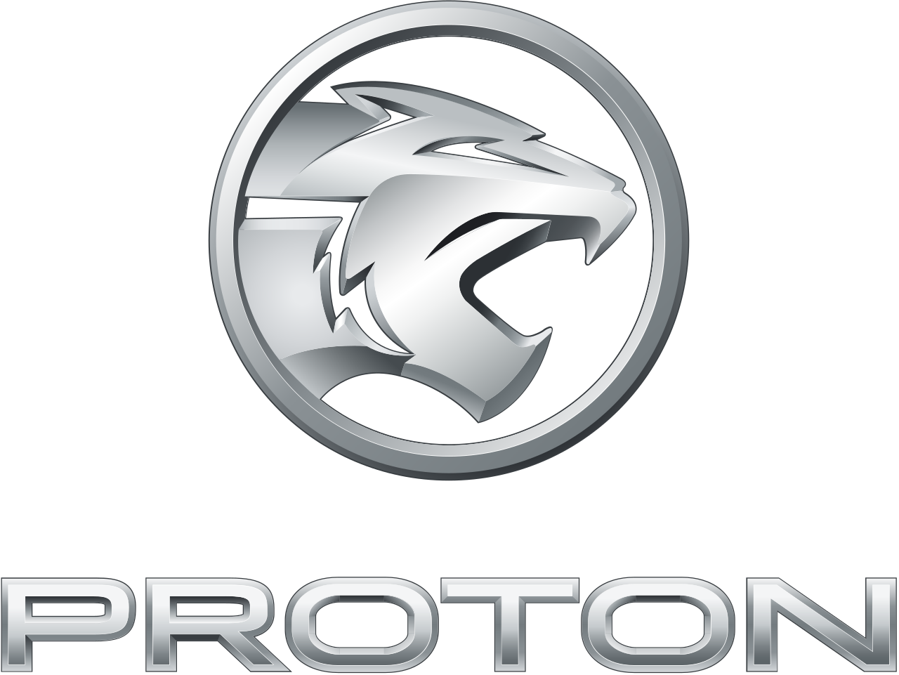 A silver circular badge with a stylized lion's head in profile and the word "PROTON" written below.
