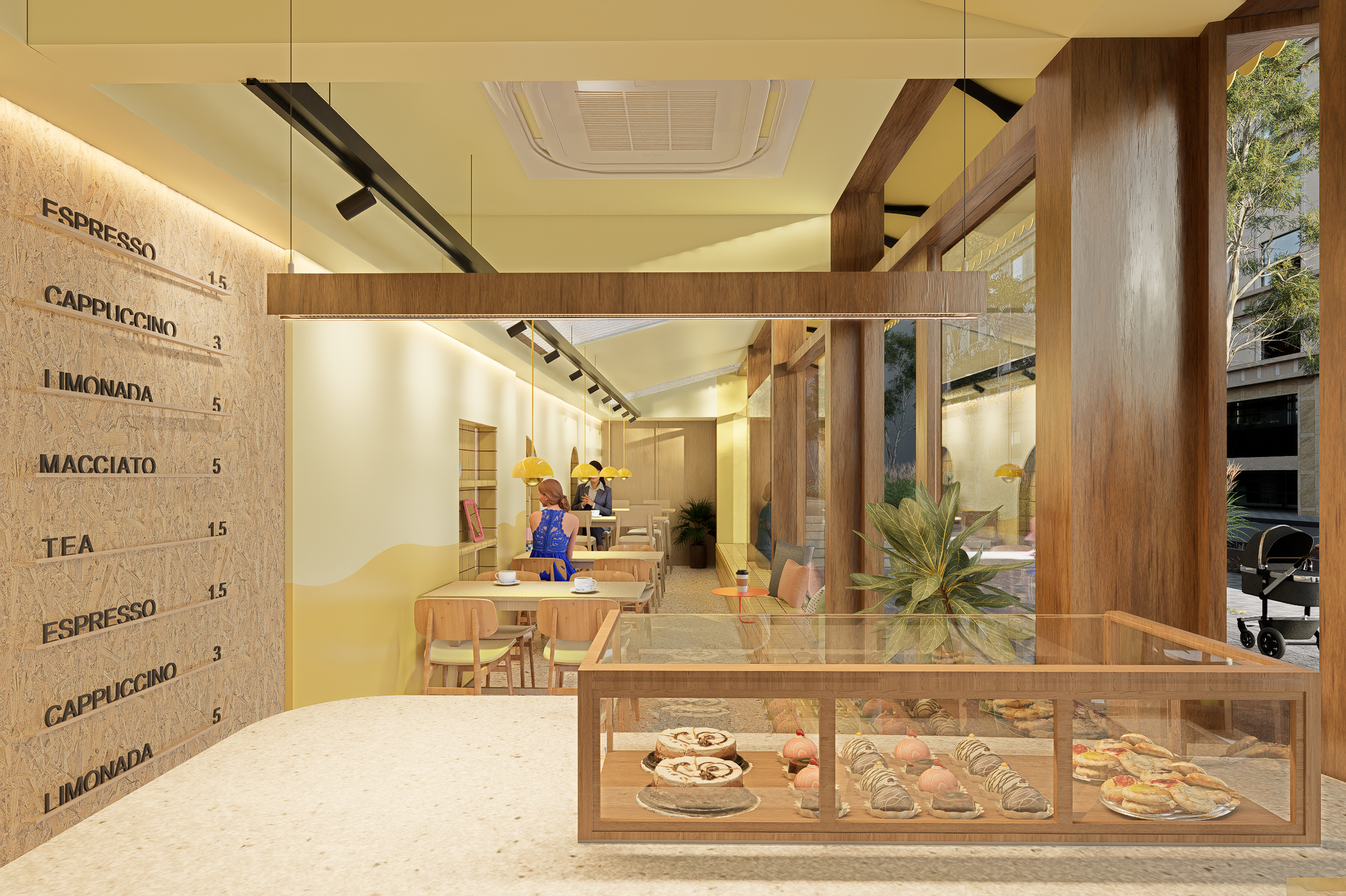 Interieur van een moderne koffiebar met een menukaart aan de linkerkant en een toonbank met gebak vooraan. Er zitten mensen binnen, en er is een groot raam met zicht op bomen buiten.