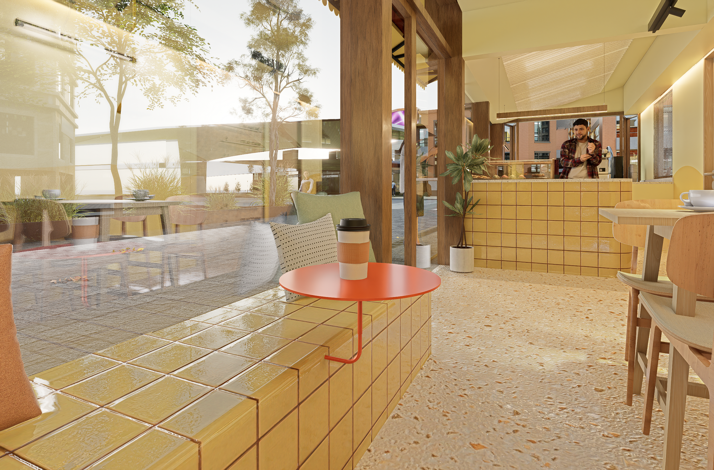 Interieur van een modern café met grote ramen, groene planten, houten details en zitplaatsen, een man staat achter de counter.