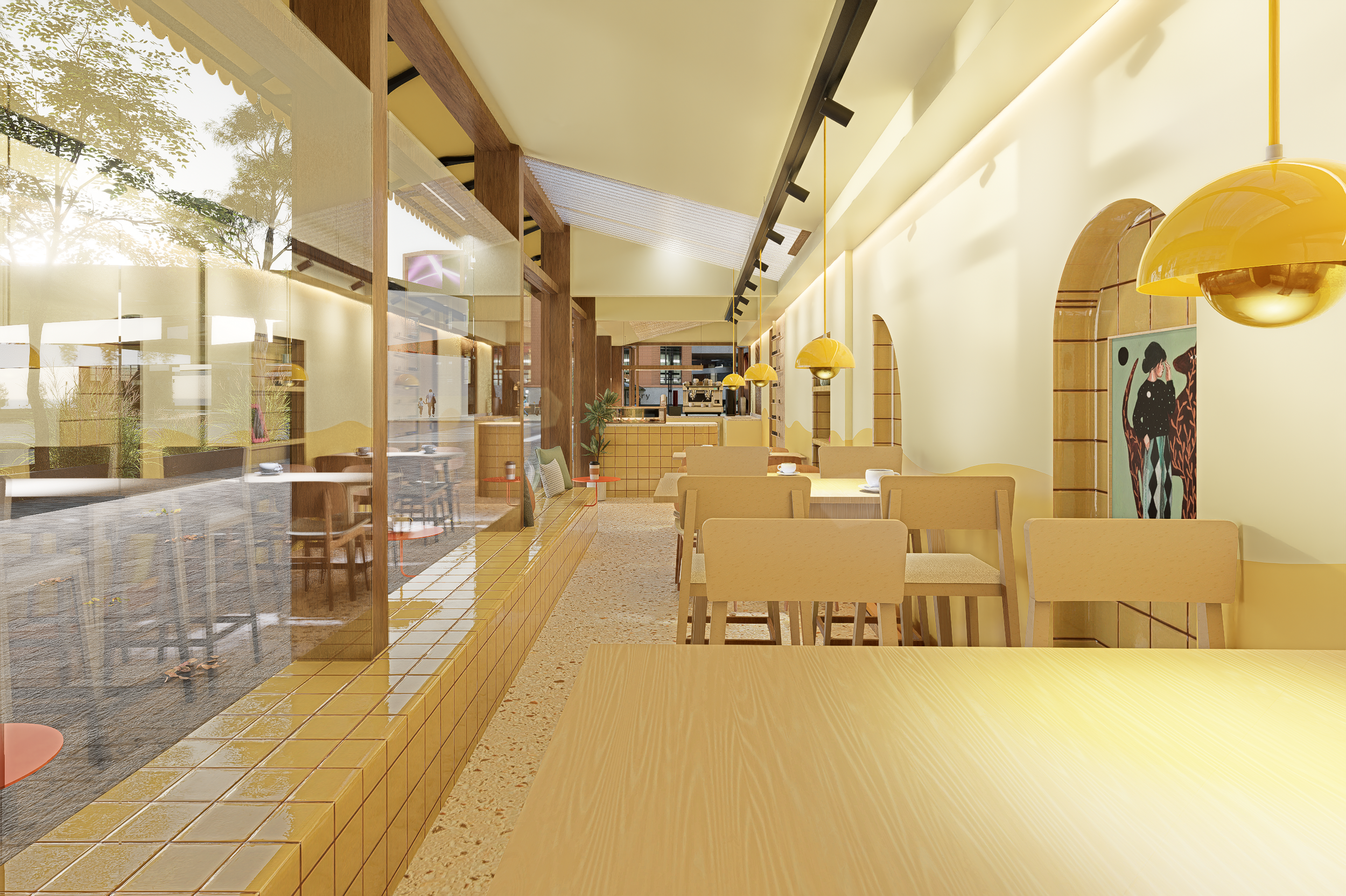Interieur van een modern café met geel gekleurde stoelen, houten tafels, gele hanglampen, grote ramen, en decoratieve kunst aan de muur.