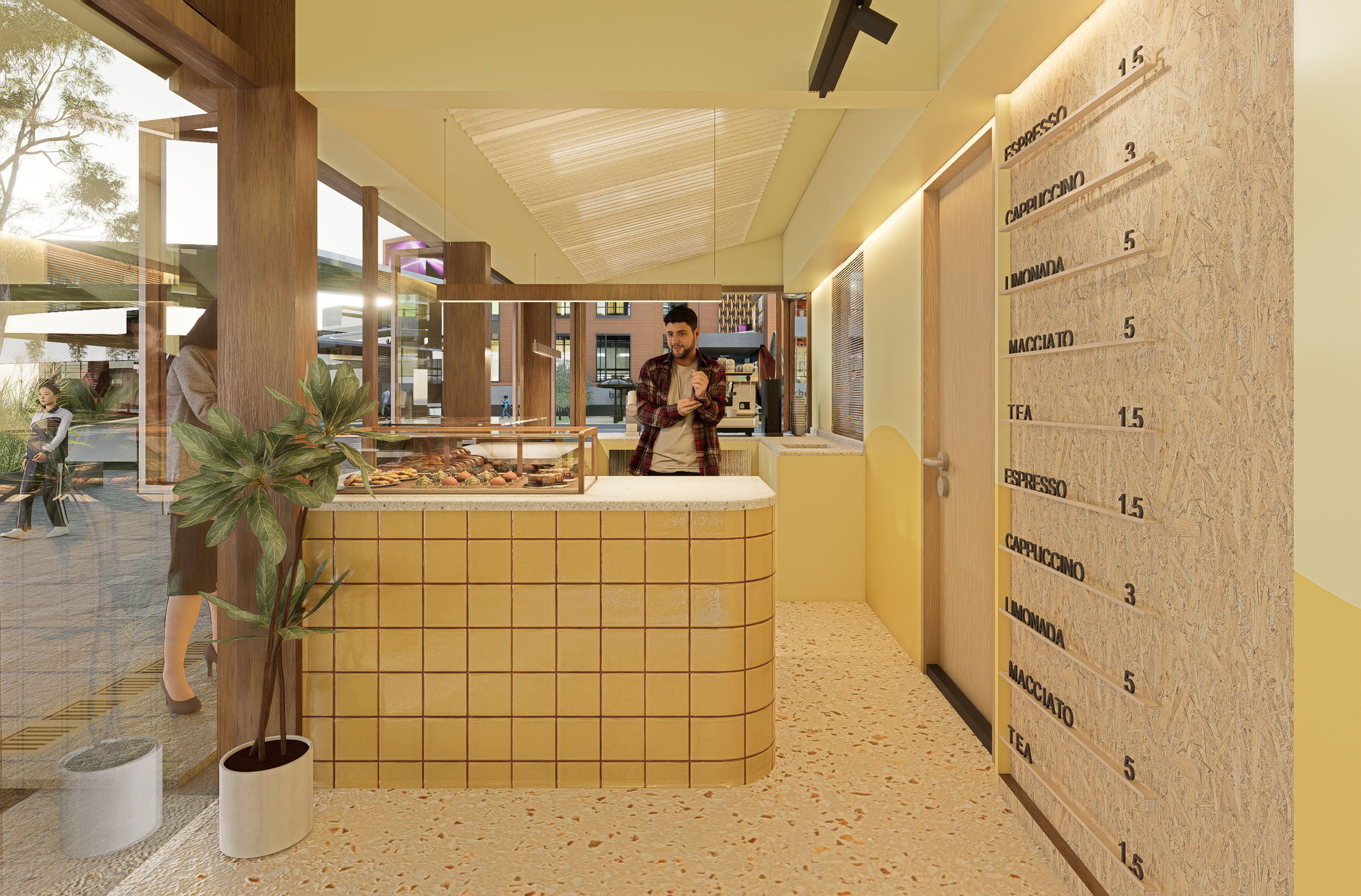 Binnenbeeld van een cafe met een medewerker achter de counter, een vrouw in de winkel en een menukaart aan de muur. Grote ramen laten natuurlijk licht naar binnen.
