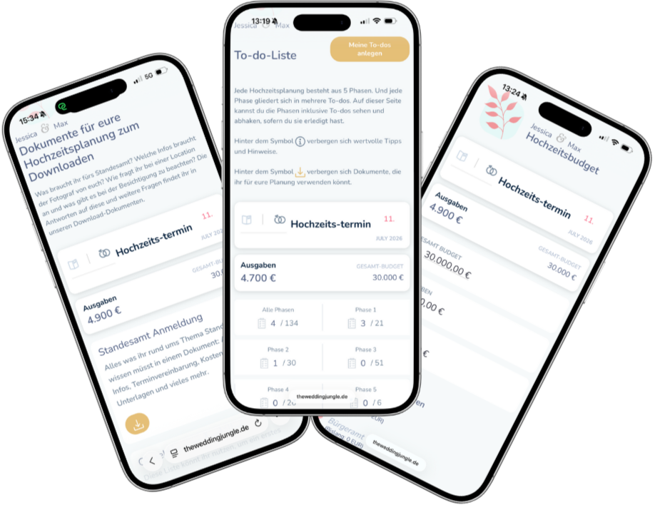 Drei Smartphones zeigen Apps zur Hochzeitsplanung, mit Listen, Budget und Terminen auf Deutsch.