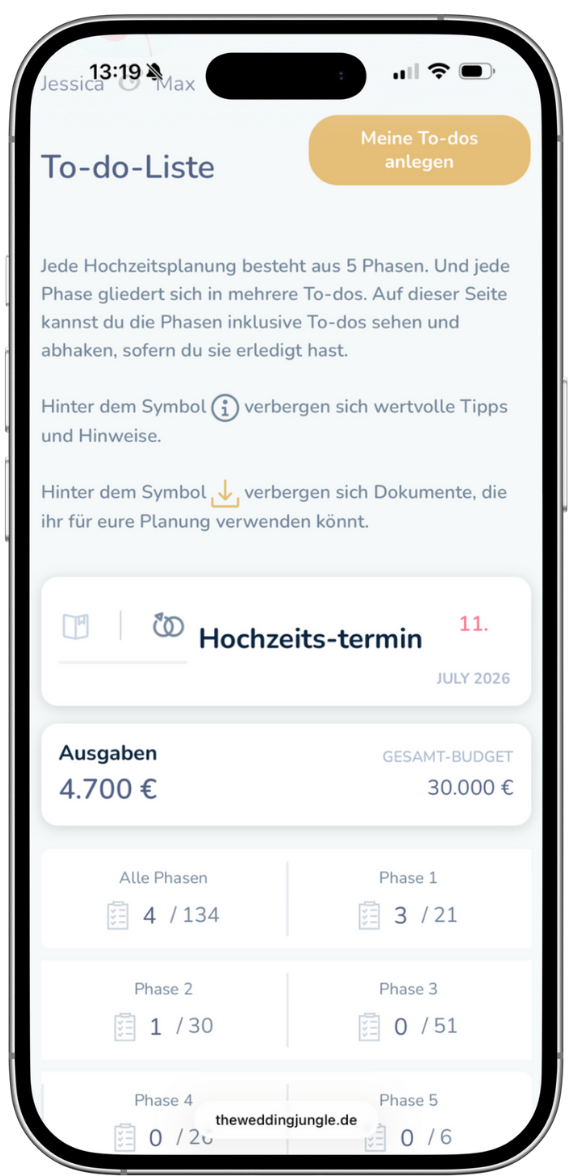 Smartphone-Display mit einer Hochzeitsplanung-App, die To-do-Listen, Budget, Termine und Phasen der Hochzeit zeigt.