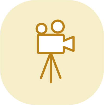 Icon eines Filmkameras auf einem Stativ, einfache Linienzeichnung.