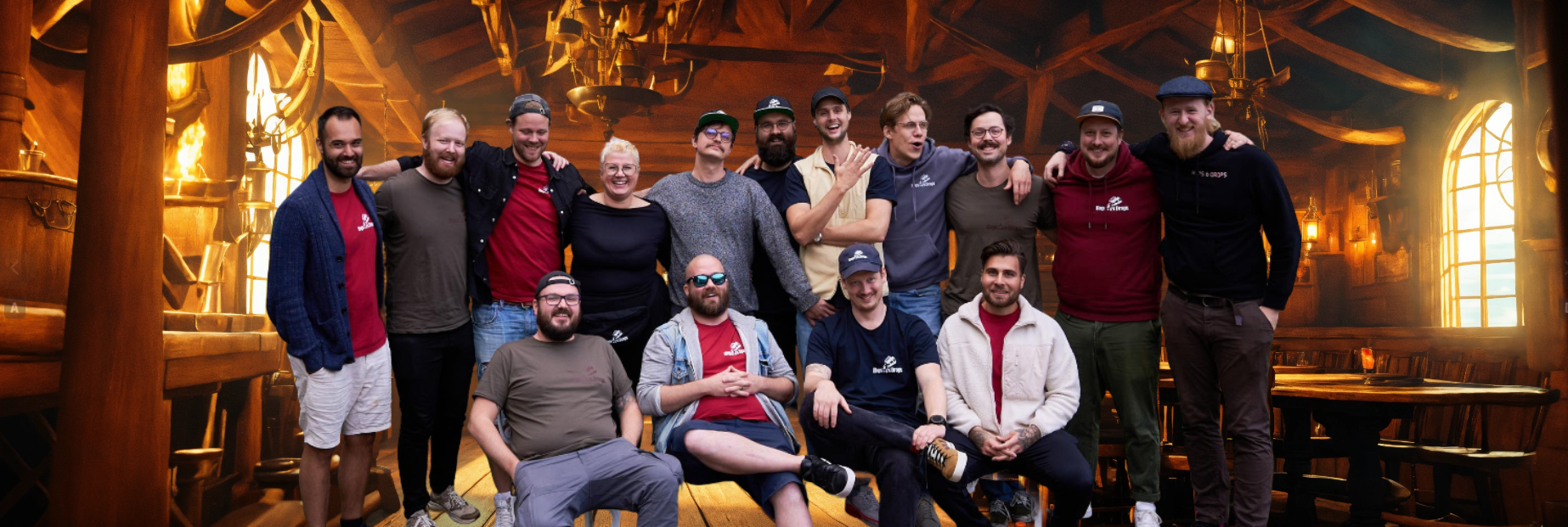 Group of people in a wooden cabin with large windows and warm lighting, posing for a photo.