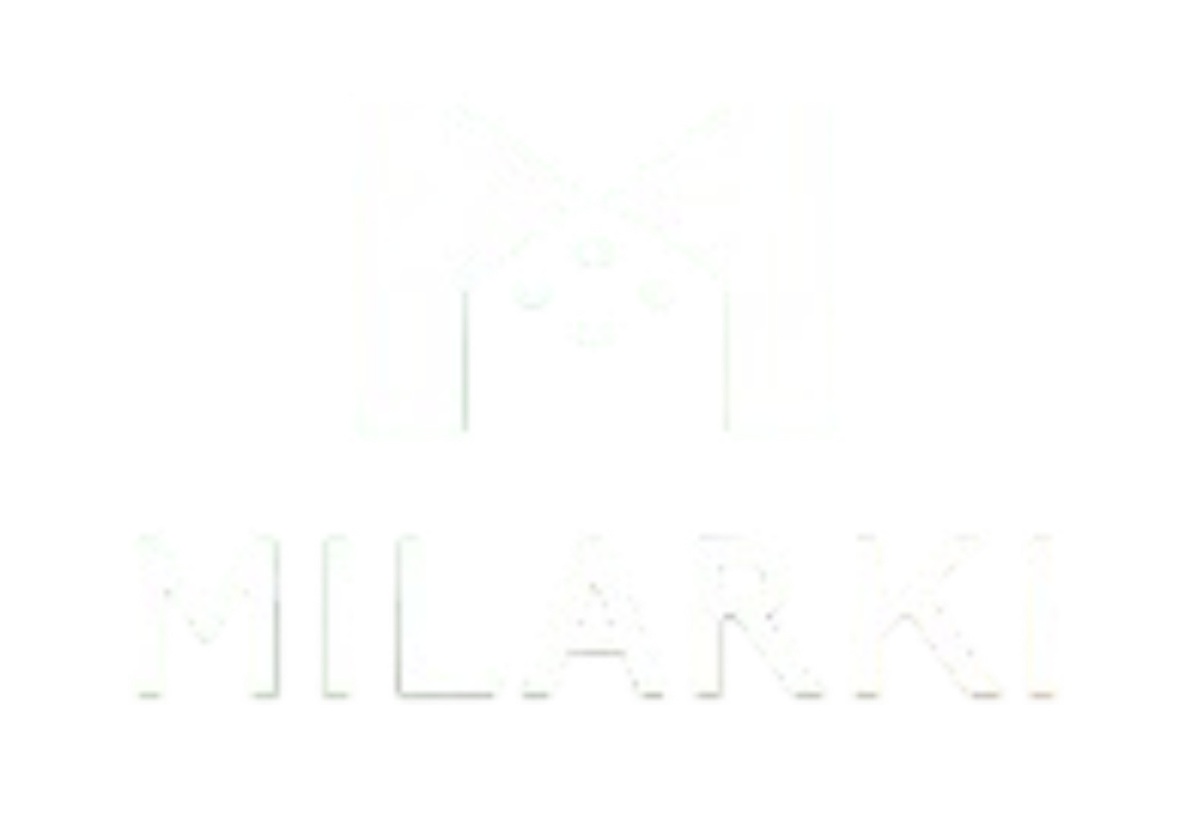 Logo with stylized text that reads 'MILAN' underneath a geometric figure of a person in a suit.