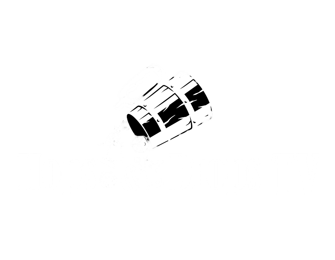 Logo for Hops & Drops TV featuring a tilted beer mug pouring out foam, with hops and dice around the text.